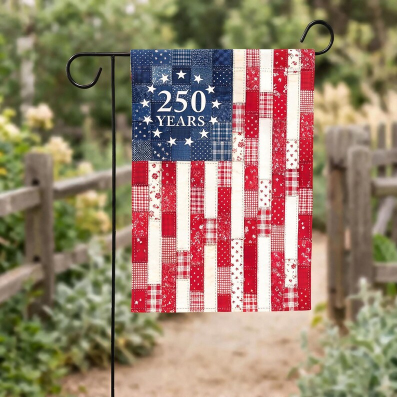 250 Years Patriotic Garden Flag, Faux Quilt Style American Yard Decor