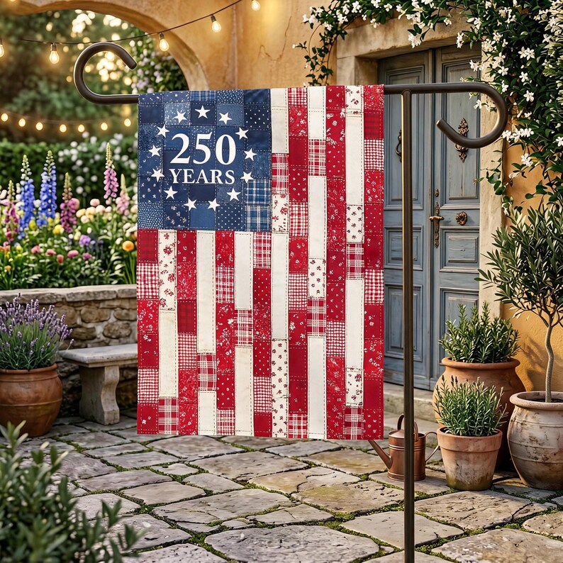 250 Years Patriotic Garden Flag, Faux Quilt Style American Yard Decor