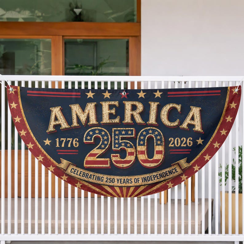 Retro 250th Anniversary Semicircle Fence Flag, 1776-2026 Patriotic Yard Banner