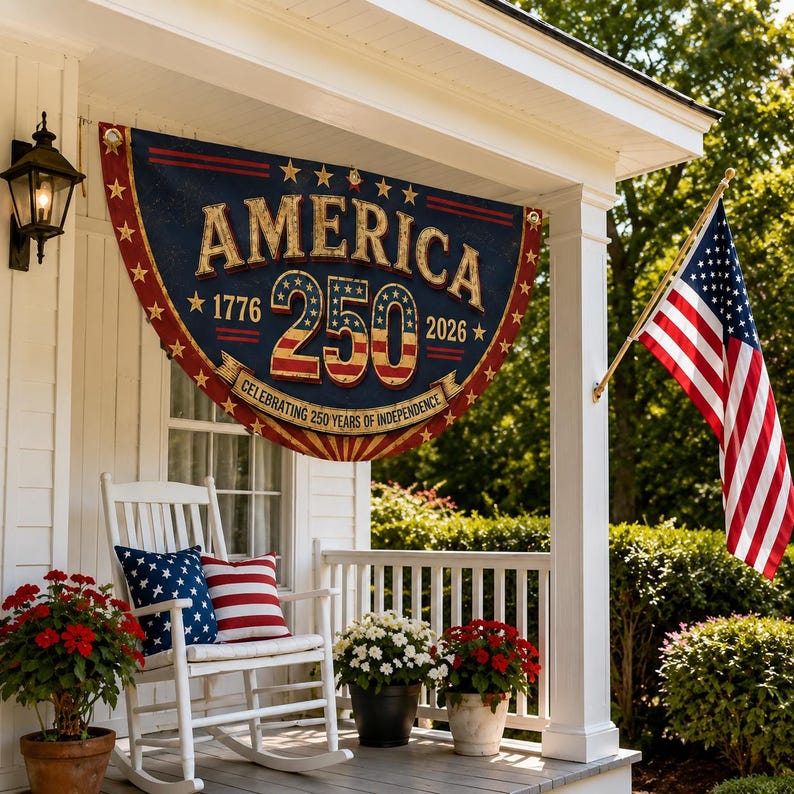 Retro 250th Anniversary Semicircle Fence Flag, 1776-2026 Patriotic Yard Banner