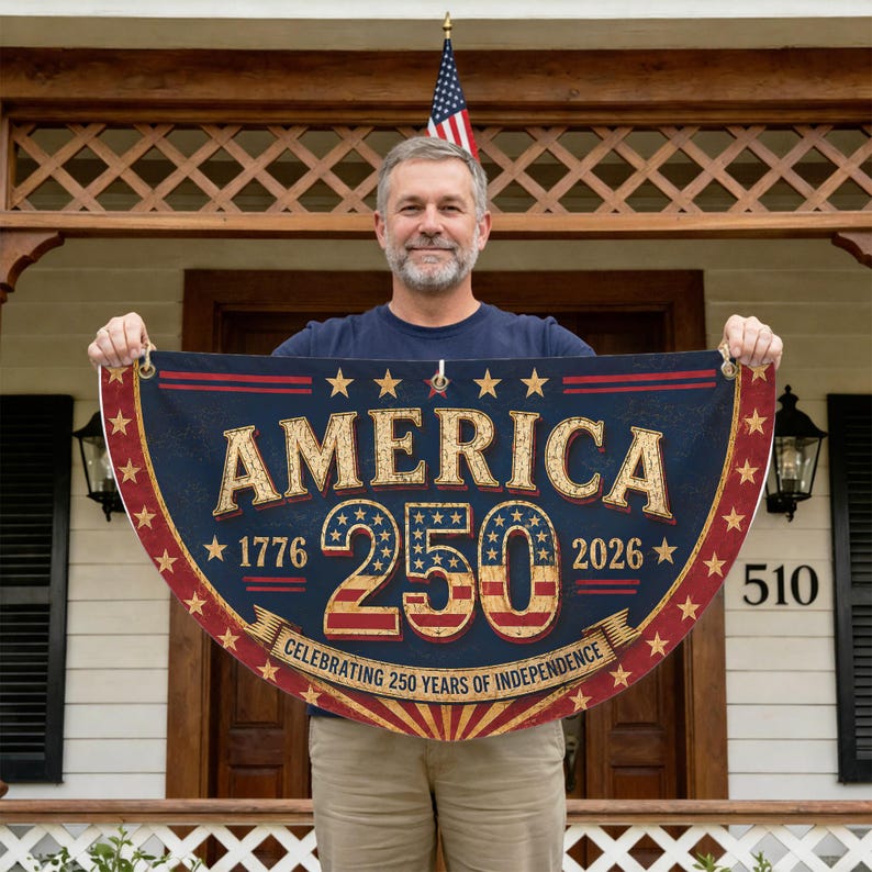 Retro 250th Anniversary Semicircle Fence Flag, 1776-2026 Patriotic Yard Banner