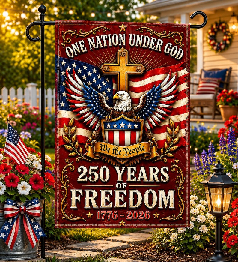 One Nation Under God Garden Flag, 250 Years of Freedom Patriotic Outdoor Decor