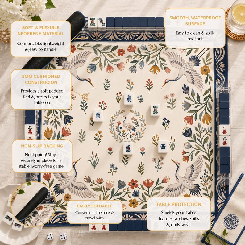Crane Garden Mahjong Mat, Folk Art Floral Game Mat, Custom Monogram Mahjong Mat, Colorful Botanical
