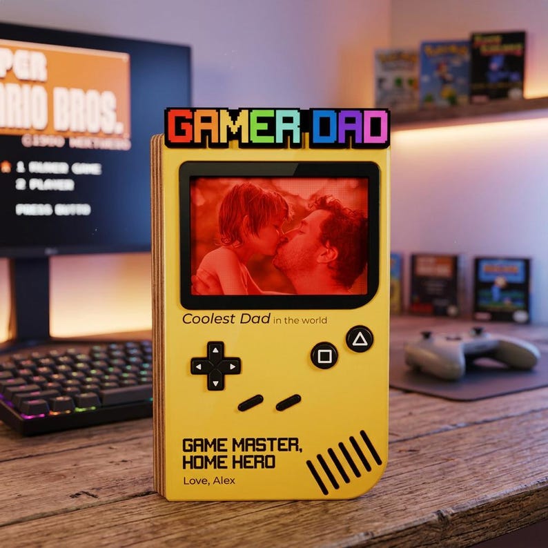 Personalized Gamer Dad Photo Frame, Retro Game Console Wooden Fram