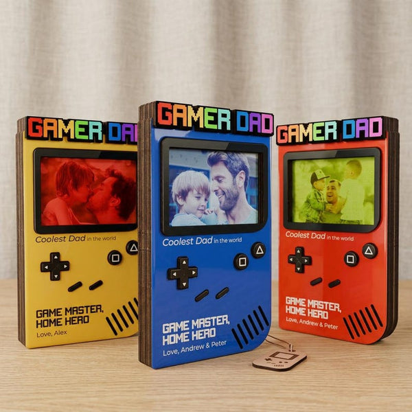 Personalized Gamer Dad Photo Frame, Retro Game Console Wooden Frame