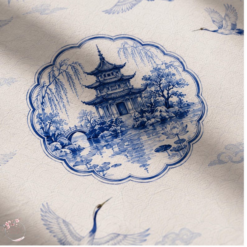 Blue Pagoda Garden Mahjong Mat, Chinoiserie Crane Lotus Game Mat, Custom Monogram Mahjong Mat