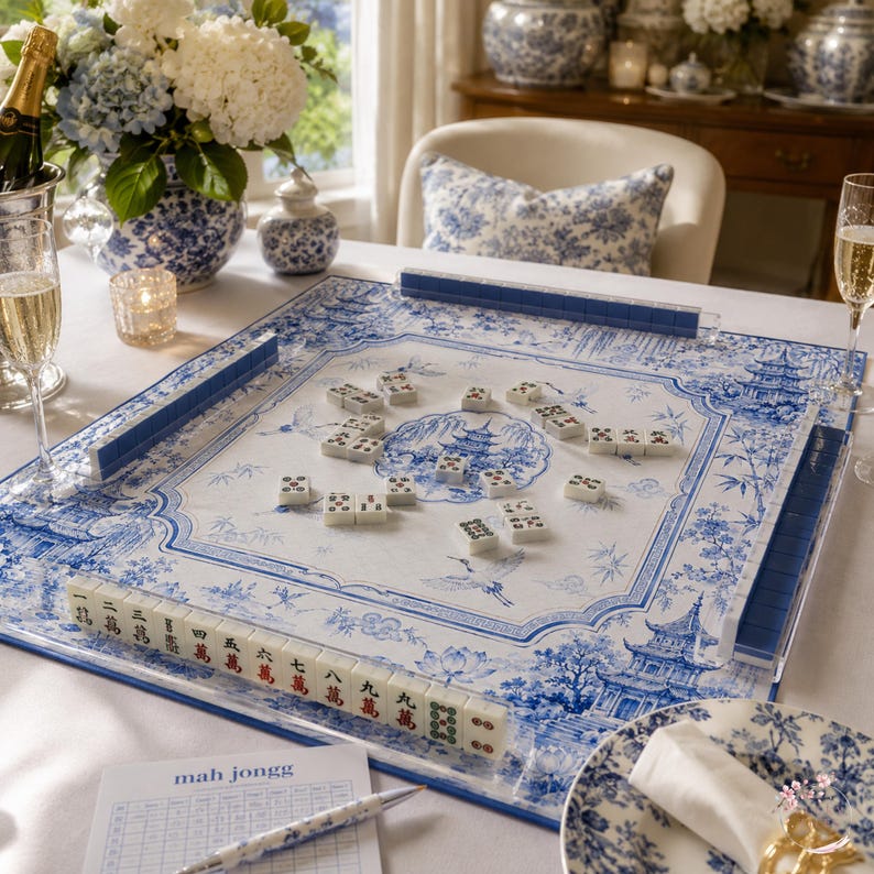 Blue Pagoda Garden Mahjong Mat, Chinoiserie Crane Lotus Game Mat, Custom Monogram Mahjong Mat