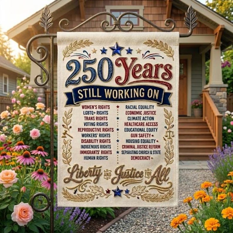 America 250 Years Garden Flag, Liberty and Justice For All Yard Flag, Progressive Political Activist