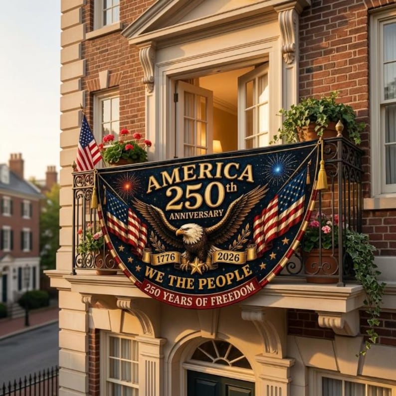 USA 250th Anniversary Patriotic Bunting Banner, Christian Freedom Porch Decor