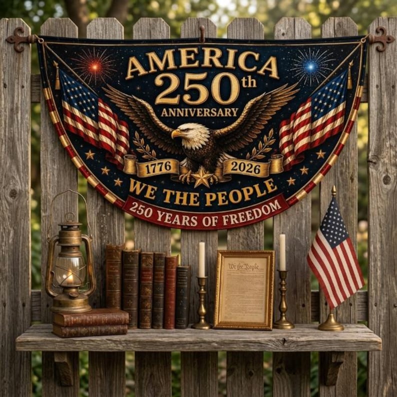 USA 250th Anniversary Patriotic Bunting Banner, Christian Freedom Porch Decor