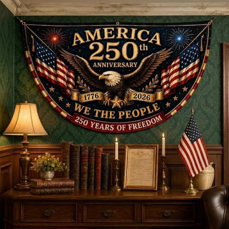 USA 250th Anniversary Patriotic Bunting Banner, Christian Freedom Porch Decor