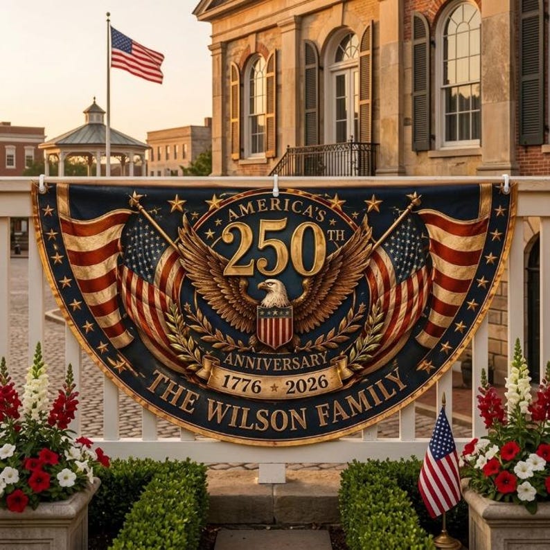 Custom America 250th Anniversary Banner, Personalized Patriotic Porch Decor, Semicircle Bunting Flag