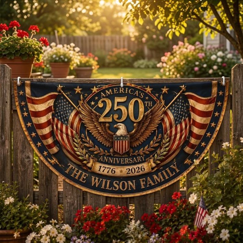 Custom America 250th Anniversary Banner, Personalized Patriotic Porch Decor, Semicircle Bunting Flag