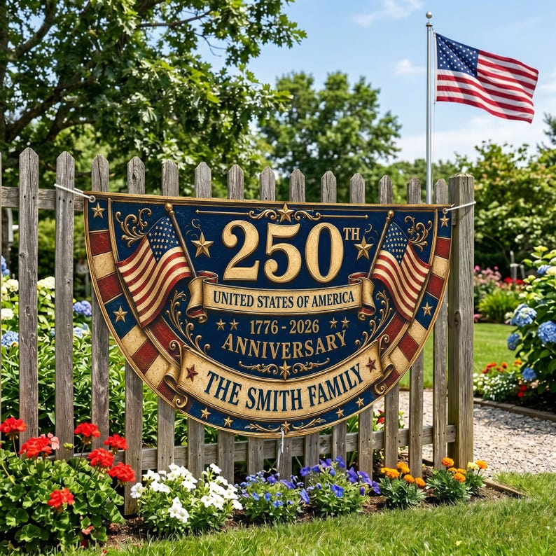 Personalized America 250th Anniversary Banner, Custom Family Name Patriotic Fence Flag