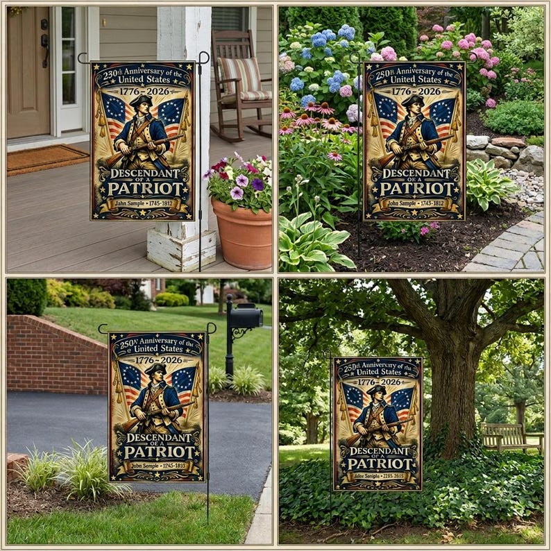 Custom Descendant of a Patriot Garden Flag, Personalized Ancestor Name 1776-2026 Patriotic Decor