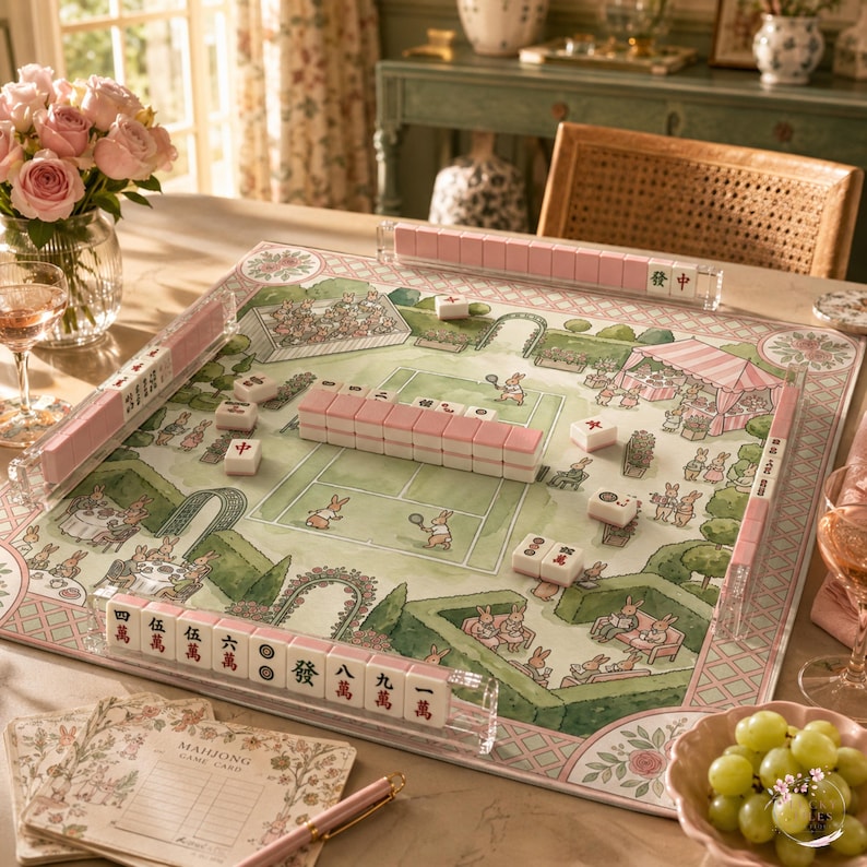 The Bunny Tennis Club Mahjong Mat, Garden Party Game Mat, Custom Monogram Mahjong Mat