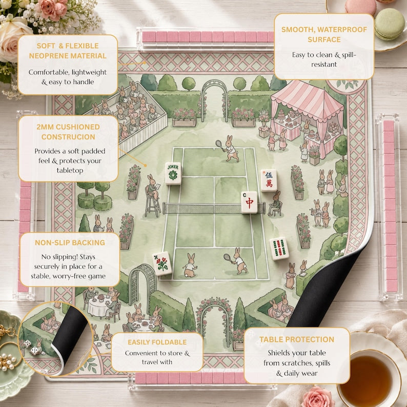 The Bunny Tennis Club Mahjong Mat, Garden Party Game Mat, Custom Monogram Mahjong Mat