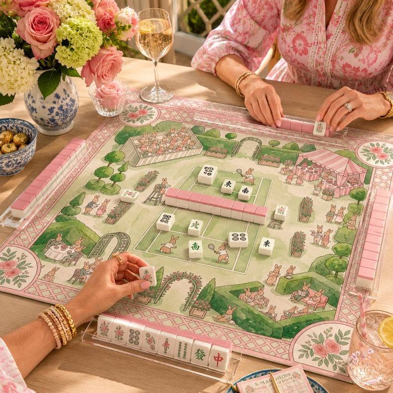 The Bunny Tennis Club Mahjong Mat, Garden Party Game Mat, Custom Monogram Mahjong Mat