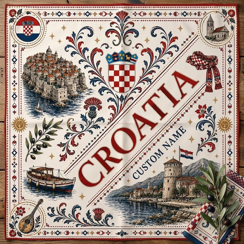 Personalized Croatia Satin Scarf, Custom Name Croatian Heritage Head Scarf