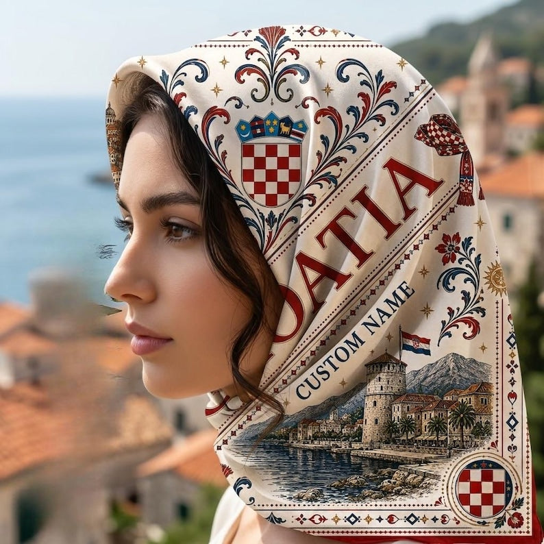 Personalized Croatia Satin Scarf, Custom Name Croatian Heritage Head Scarf