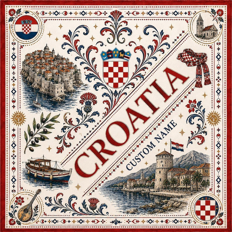 Personalized Croatia Satin Scarf, Custom Name Croatian Heritage Head Scarf