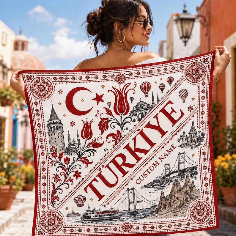 Personalized Turkey Satin Scarf, Custom Name Turkish Bandana, Türkiye Travel Souvenir Head Scarf
