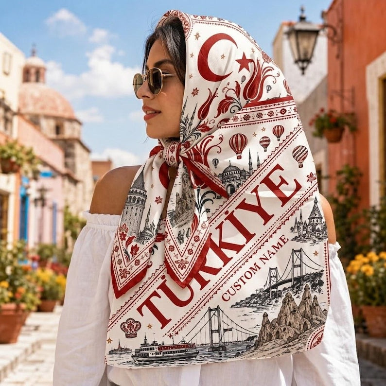 Personalized Turkey Satin Scarf, Custom Name Turkish Bandana, Türkiye Travel Souvenir Head Scarf