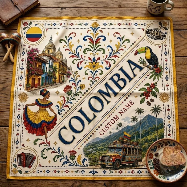 Custom Colombia Satin Scarf, Personalized Colombia Bandana, Colombia Flag Head Scarf