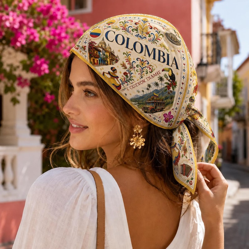Custom Colombia Satin Scarf, Personalized Colombia Bandana, Colombia Flag Head Scarf
