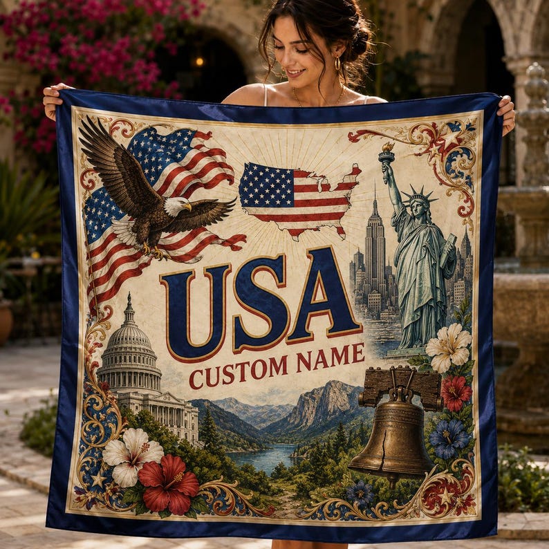 Custom USA 250th Anniversary Satin Scarf, Personalized Name Patriotic Bandana
