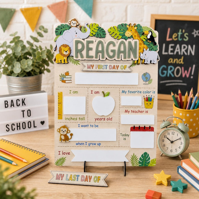 Personalized Safari School Sign, First Day of School Sign, Preschool Back to School Board Kid