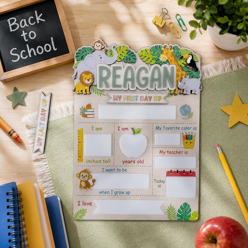 Personalized Safari School Sign, First Day of School Sign, Preschool Back to School Board Kid