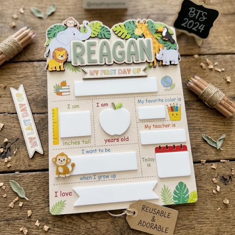 Personalized Safari School Sign, First Day of School Sign, Preschool Back to School Board Kid