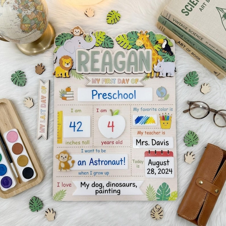 Personalized Safari School Sign, First Day of School Sign, Preschool Back to School Board Kid