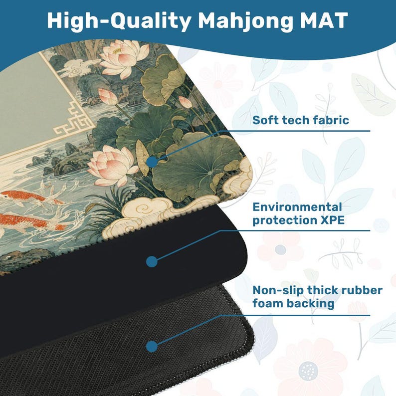Chinese Landscape Mahjong Mat, Shan Shui Crane Koi & Lotus Pavilion Game Mat, Classical Chinese Art Non Slip
