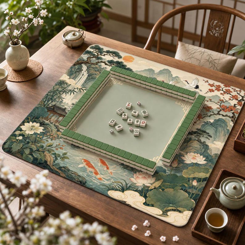 Chinese Landscape Mahjong Mat, Shan Shui Crane Koi & Lotus Pavilion Game Mat, Classical Chinese Art Non Slip