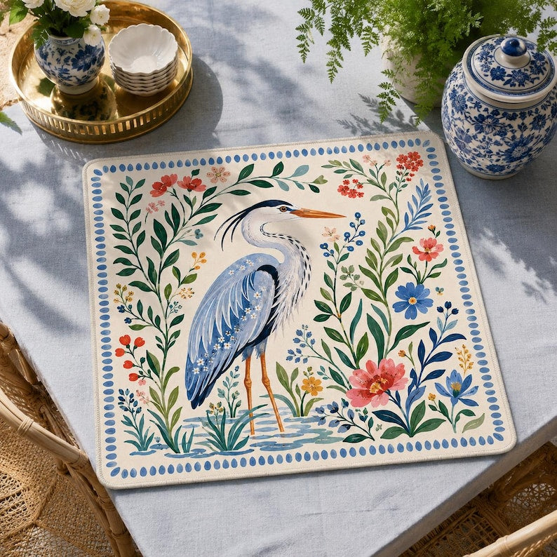 Watercolor Floral Summer Light Blue Heron Mahjong Mat