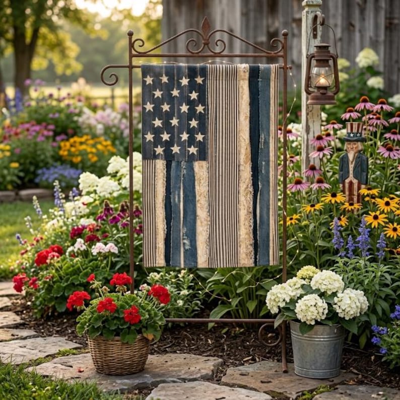 Rustic American Flag Faux Patchwork Outdoor Flag, Patriotic Farmhouse Garden Decor