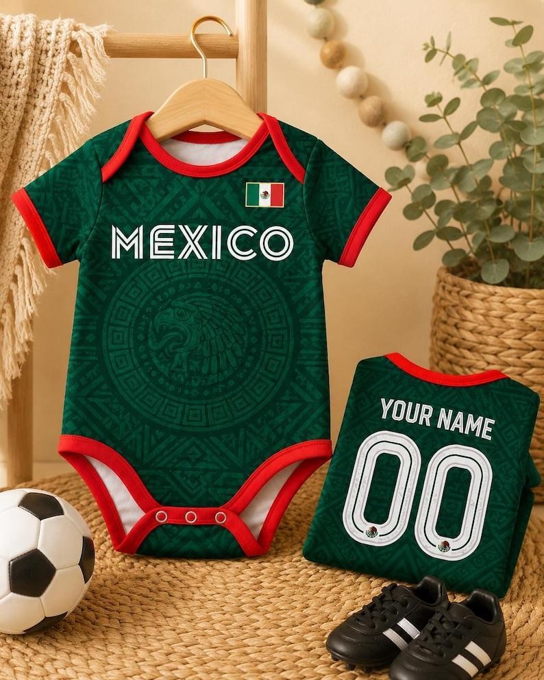 Personalized Mexico Baby Bodysuit, Custom Name Newborn Sports Jersey Onesie