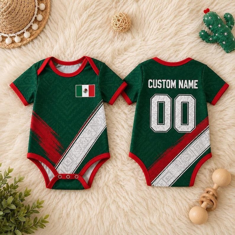 Personalized Mexico Baby Bodysuit, Custom Name Newborn Sports Jersey Onesie