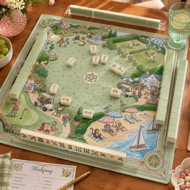 The Country Club Garden Mahjong Mat, Whimsical Animal Tennis Golf Mahjong Mat, Custom Monogram Gift