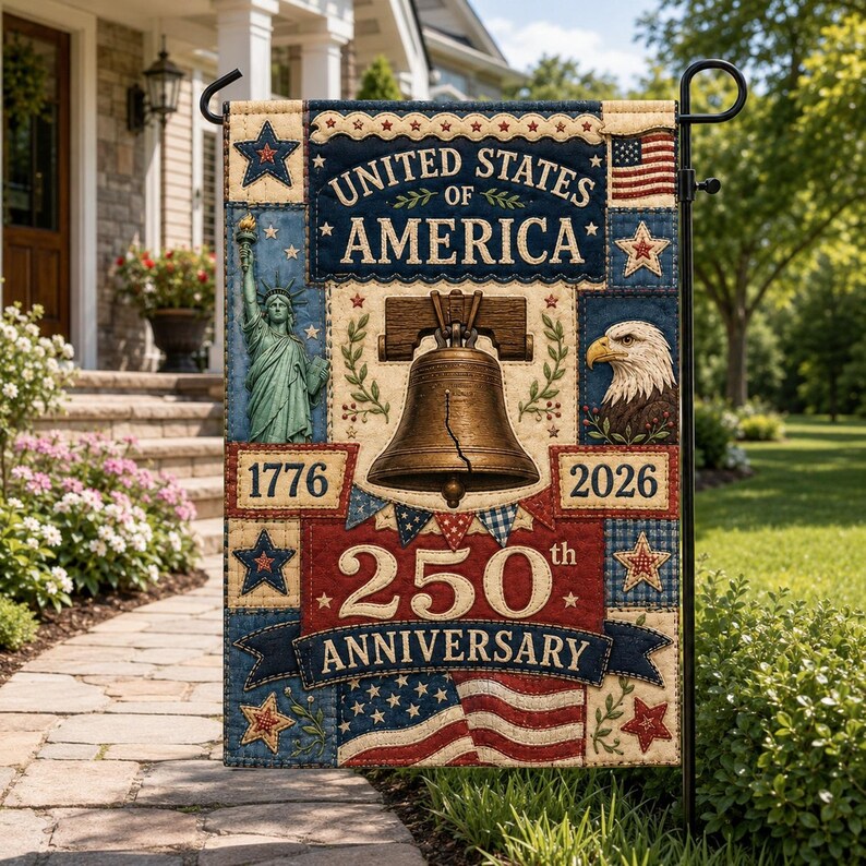 Faux Patchwork USA 250 Years Garden Flag, 250 Years Banner, USA 250th Independence Day Banner