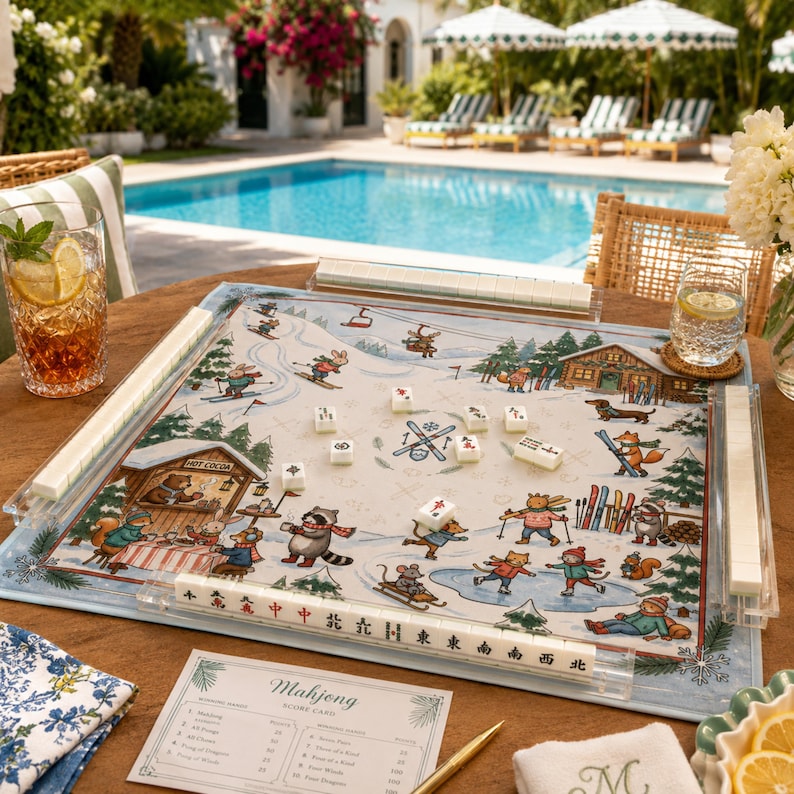 The Alpine Ski Club Mahjong Mat, Winter Wonderland Animal Game Mat, Custom Monogram Mahjong Gift, Ski Lodge Decor