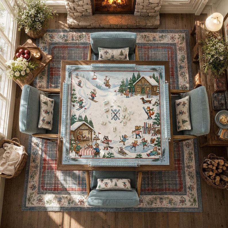 The Alpine Ski Club Mahjong Mat, Winter Wonderland Animal Game Mat, Custom Monogram Mahjong Gift, Ski Lodge Decor