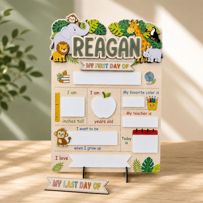 Personalized Safari School Sign, First Day of School Sign, Preschool Back to School Board Kid