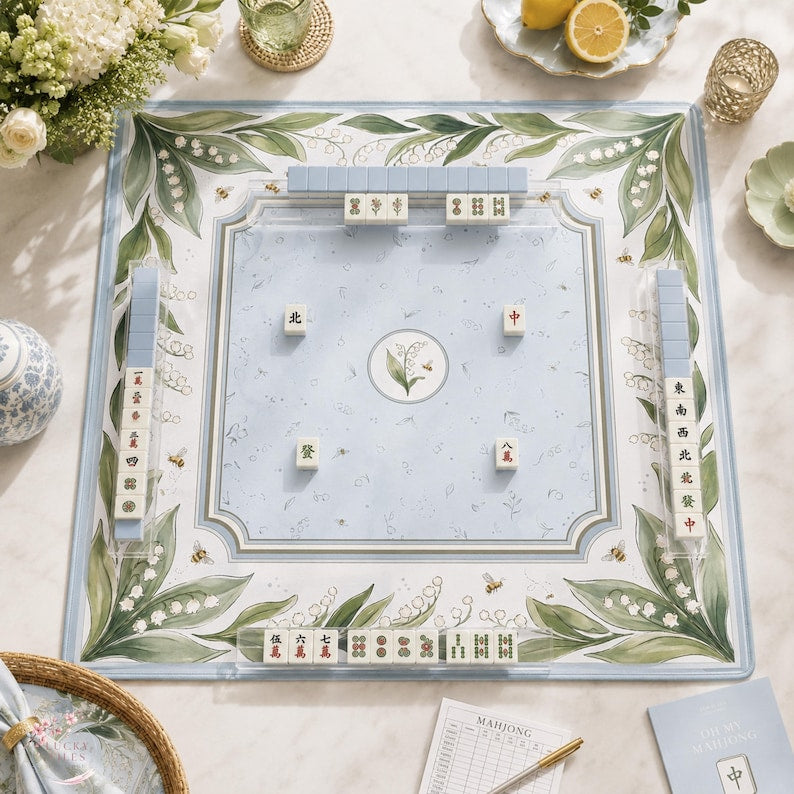 The Lily of the Valley Mahjong Mat, Bee & Botanical Floral Mahjong Mat, Custom Monogram Game Mat
