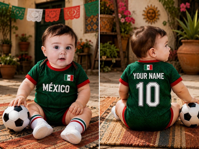 Personalized Mexico Baby Bodysuit, Custom Name Mexican Flag Newborn Outfit