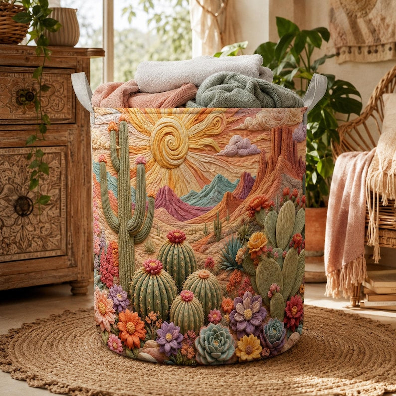 Cactus Quilted Laundry Basket, Desert Floral Hamper, Southwest Sun Laundry Bin, Boho Cactus Fabric Storage Basket
