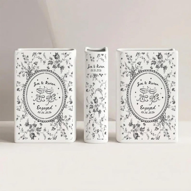 Personalized Engagement Toile De Jouy Ceramic Book Vase, Custom Couple Name Book Vase