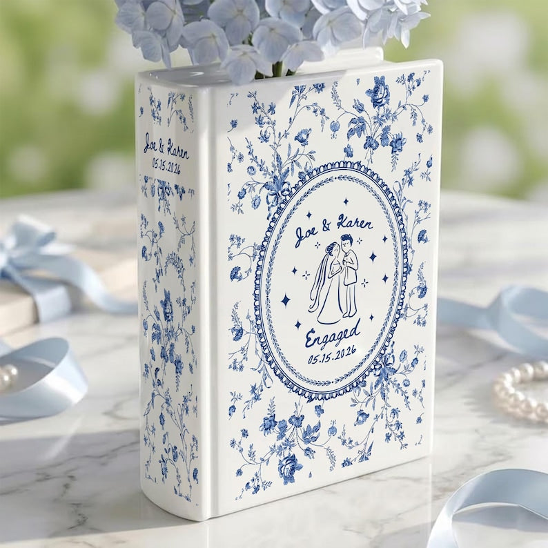 Personalized Engagement Toile De Jouy Ceramic Book Vase, Custom Couple Name Book Vase